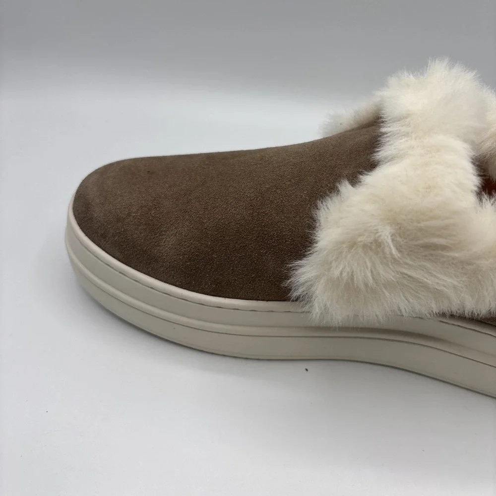 J Slides NYC Taupe Suede Neel Fur Trim Slip On Sneaker‎ Size 6M